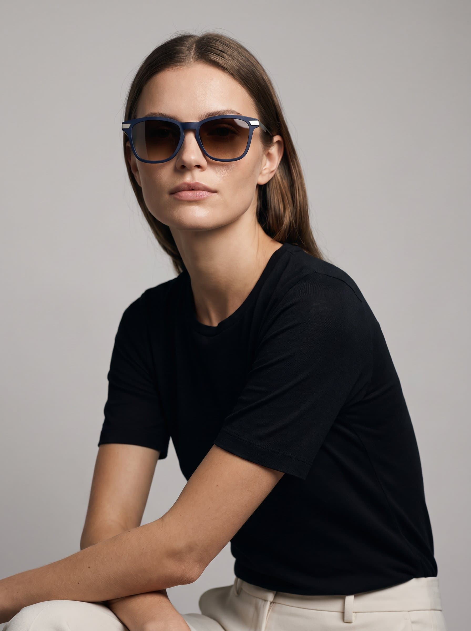AI-generated lifestyle image of a model wearing the redesigned sunglasses