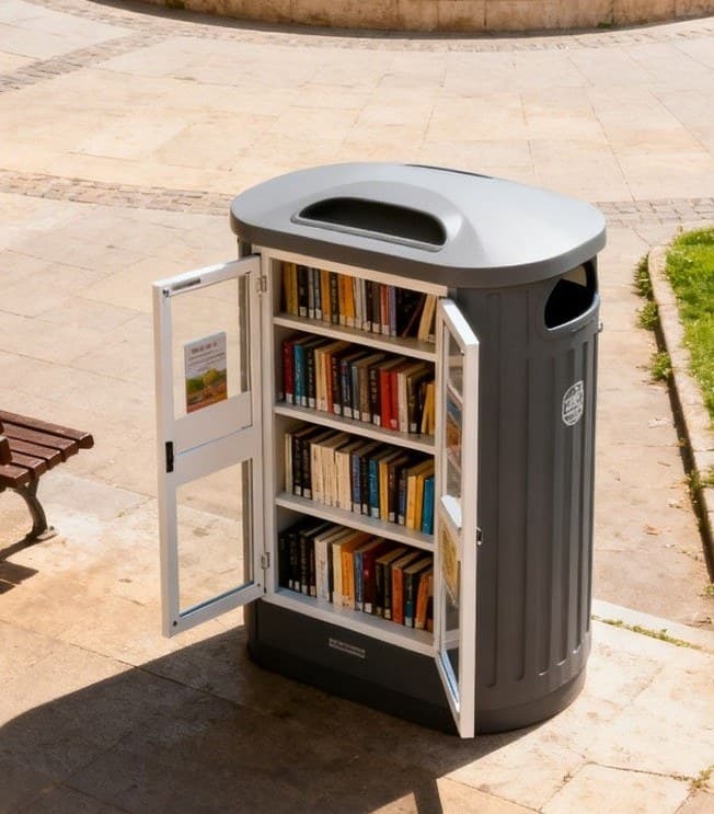 Close-up AI-generated concept of the book-sharing trash can structure