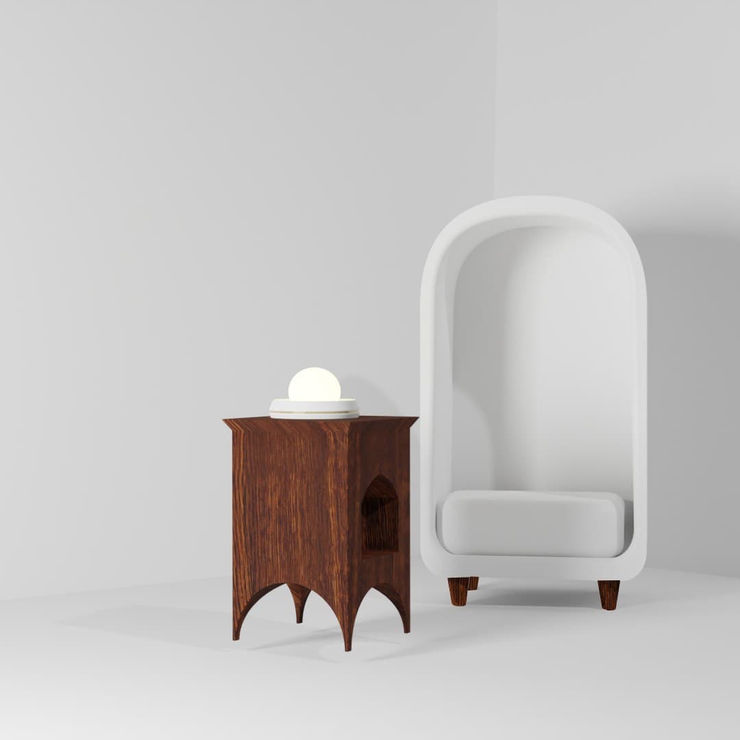 3D render of the chair, lamp, and side table together