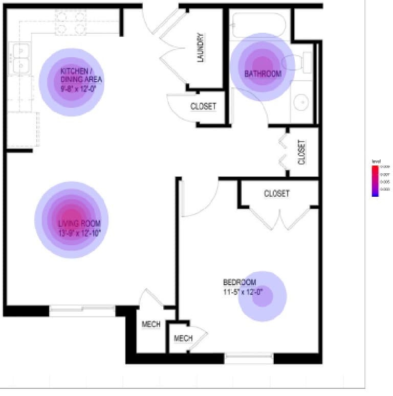 Heat map of a one-bedroom apartment showing where survey respondents spend the most time